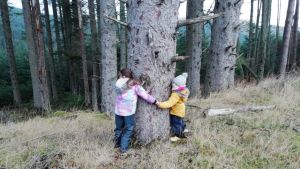 Three children are hugging a big tree trunk. They're wearing hats and warm clothes. 