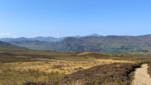 A view across mountain moorland with heather and grass