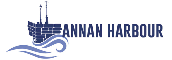 Image of Annan Harbour Action Group logo - stylised waves break against a brick pier with a light