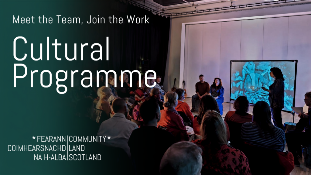 A group of people watch a storyteller in front of a screen. The words Meet the Team, Join the Work: Cultural Programme are over the text