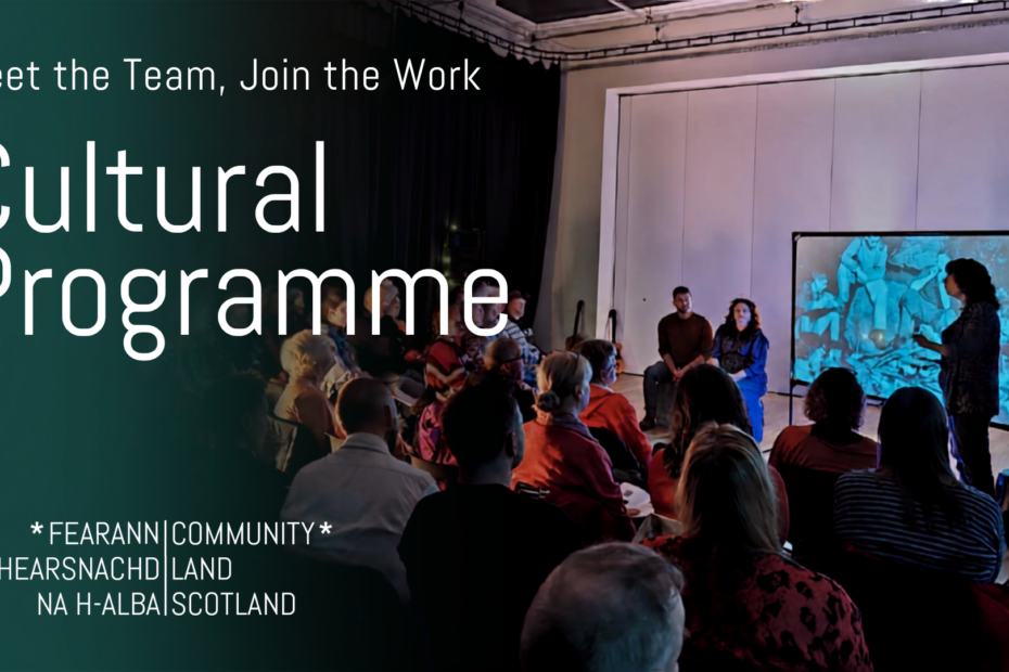 A group of people watch a storyteller in front of a screen. The words Meet the Team, Join the Work: Cultural Programme are over the text